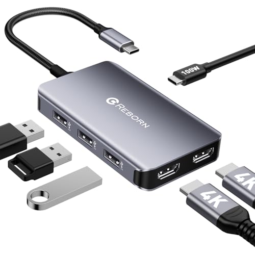 Reborn USB C Hub to Dual HDMI 4K, Docking Station Dual Monitor for Laptop, 6-in-1 USBC Dongle Adapter with 100W PD, 3 USB Ports, Portable HDMI Splitter Extended Display for Lenovo, HP, Dell, Surface