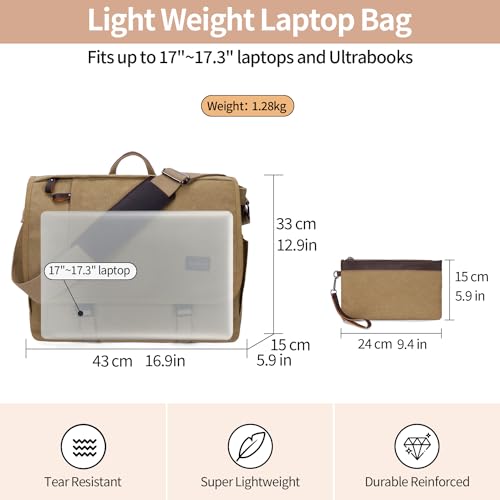 Nerlion Messenger Bag for Men 17-17.3 Inch Laptop Bag Canvas Water-resistant Computer Bag Shoulder Bag Work Briefcase Bookbag for College (Brown) - color: Brown