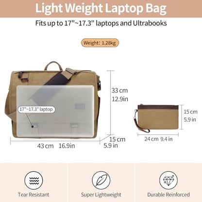 Nerlion Messenger Bag for Men 17-17.3 Inch Laptop Bag Canvas Water-resistant Computer Bag Shoulder Bag Work Briefcase Bookbag for College (Brown) - color: Brown