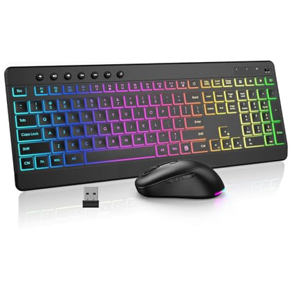 EDJO Wireless Keyboard and Mouse Combo, 10 Backlit Effects, Rechargeable 2.4GHz Silent Full-Size Light Up USB Keyboard with 6 Button RGB Mouse for Laptop, Computer, PC (Black Backlit) - color: black backlit