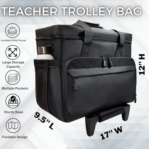 Rolling Teacher Tote Bag with wheels and Laptop Compartment, Wheeled Teacher Bag for Teaching, Detachable Trolley, Office, Craft, Black