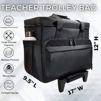 Rolling Teacher Tote Bag with wheels and Laptop Compartment, Wheeled Teacher Bag for Teaching, Detachable Trolley, Office, Craft, Black