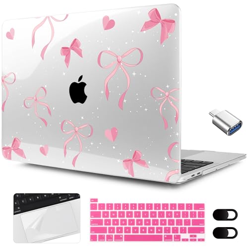 MEEgoodo for MacBook Pro Case 13 inch 2022 2021 2020 A2338 M2/M1 A2251 A2289 with Touch ID,Clear Laptop Hard Shell Cases with Keyboard Webcam Cover & Trackpad Film & Type C Adapter, Pink Ribbons Bows - color: Pink Ribbons Bows