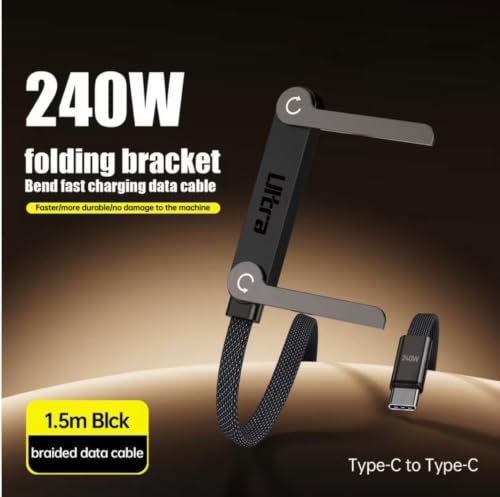 Ultra 240W USB-C to Type-C Fast Charging Cable with Foldable Phone Holder, Braided, 1.5m, Compatible with iPhone 15/16, Samsung Galaxy, iPad Pro, MacBook