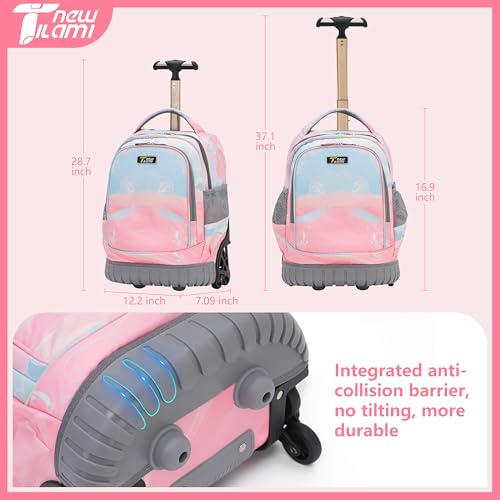 NEW TILAMI 16 Inch Rolling Backpack with Lunch Bag for Girls Boys School | 6-Wheel Stair-Climbing Girls Boys Carry-on Suitcase Water-Resistant Adjustable Trolley Handle Wheels School Travel Camping - color: Pastel Pink - Blue