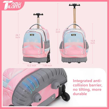 NEW TILAMI 16 Inch Rolling Backpack with Lunch Bag for Girls Boys School | 6-Wheel Stair-Climbing Girls Boys Carry-on Suitcase Water-Resistant Adjustable Trolley Handle Wheels School Travel Camping - color: Pastel Pink - Blue