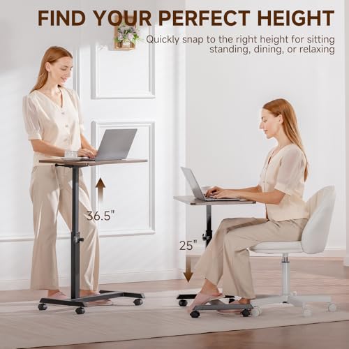 GTPLAYER Small Standing Desk, 24 Inches Foldable Mobile Rolling Laptop PC Table with Lockable Casters, Adjustable Height Overbed Bedside Table Computer Workstation for Home Office, Walnut-Foldable - color: Walnut-foldable