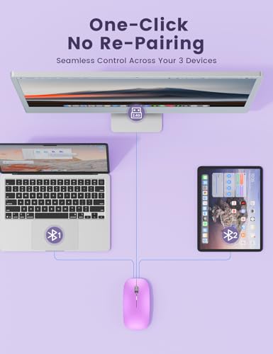 SABLUTE Bluetooth Mouse for Mac, Tri-Mode Silent Wireless Mouse, Orchid | Bluetooth 5.2 + 2.4GHz, Connect 3 Devices, Silent Click, USB-C Charging, 3 DPI Levels, MacBook, iPad & Windows Compatible - color: Orchid
