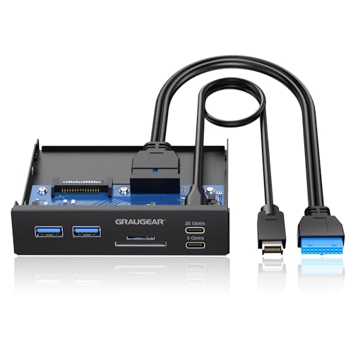GRAUGEAR 3.5 Inch Front Panel USB C Hub, SD/microSD Internal Card Reader, 20Gbps USB 3.2 Gen 2x2, USB3.2 Type-E Key-A 20-Pin Header & USB3.0 Header & 15-Pin SATA Power Connection Required [G-MP01CR] - style: 6 Port