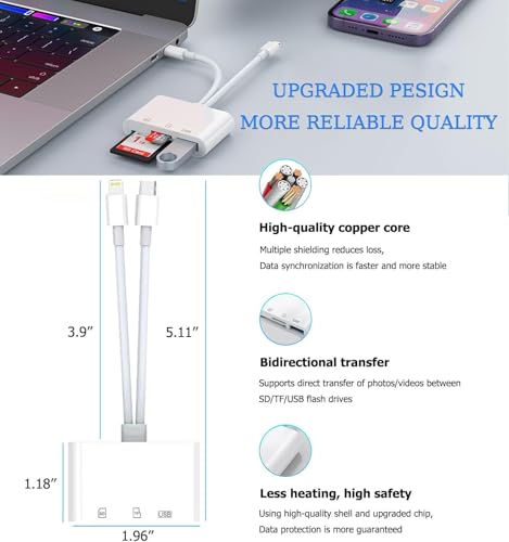 iPhone iPad SD Card Reader, 5-in-1 Lightning to USB Adapter SD Card Viewer with SD/TF Card USB 3.0 Adapter, Memory Card Reader for iPhone iPad MacBook Android SD Card Adapter Plug & Play