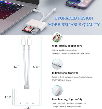 iPhone iPad SD Card Reader, 5-in-1 Lightning to USB Adapter SD Card Viewer with SD/TF Card USB 3.0 Adapter, Memory Card Reader for iPhone iPad MacBook Android SD Card Adapter Plug & Play
