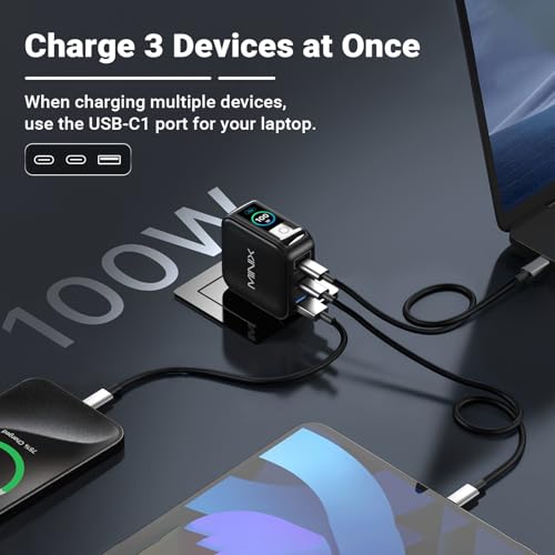 MINIX 100W 3-Port GaN USB C Fast Charger Block with Smart Display, Foldable | Ultra-Compact Laptop Travel Wall Adapter, Touch Control for MacBook Pro, iPhone 17/16, iPad, Galaxy S25/24 (Non-Battery)