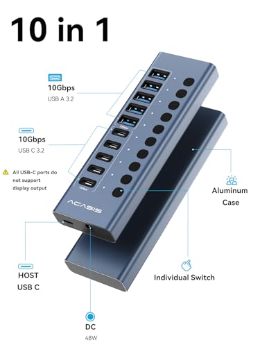 Powered USB 3.2 Hub, ACASIS 10 Ports USB 3.2 Hub(5 USB-A 3.2 Ports+5 USB-C 3.2 Ports), Aluminum USB Hub Powered with 48W Power Adapter, USB Hub for PC/Laptop, Computer, Flash Drive, Printer, Camera - size: 10 Ports