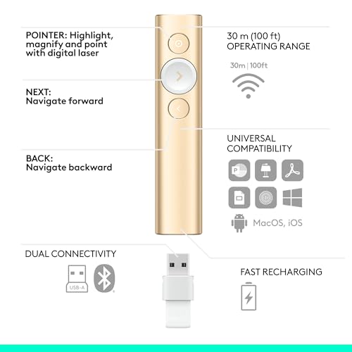 Logitech Spotlight Presentation Remote Universal Wireless - Gold | Universal connection, laser pointer, advanced digital highlighting, Bluetooth, 30 m range, quick charging - color: Gold