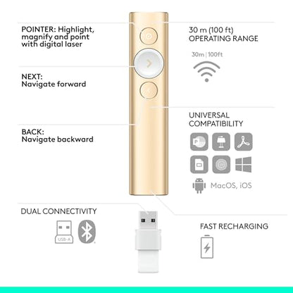 Logitech Spotlight Presentation Remote Universal Wireless - Gold | Universal connection, laser pointer, advanced digital highlighting, Bluetooth, 30 m range, quick charging - color: Gold