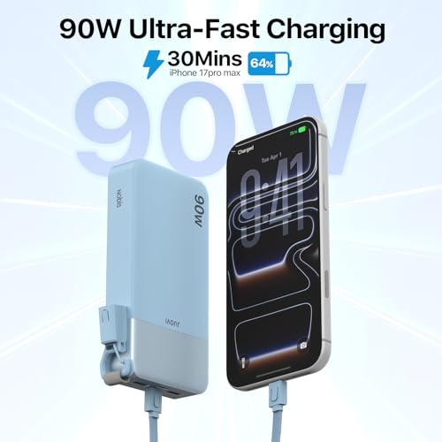 NOBIS Portable Charger 20000mAh 90W Power Bank w/Detachable Cable | 2C+2A USB-C Fast Charging Battery Pack with LED Display,Battery Bank for Laptops, Tablets, Phones and Steam Deck - color: Blue