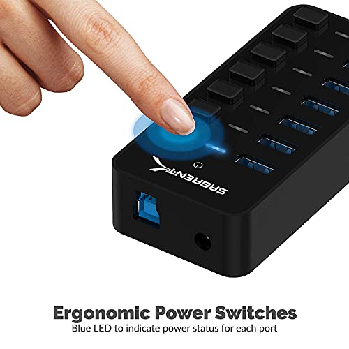 SABRENT 36W 7 Port USB 3.0 Hub with Individual Power Switches and LEDs Includes 36W 12V/3A Power Adapter (HB-BUP7) - size: 7-Port - 7 USB 3.0
