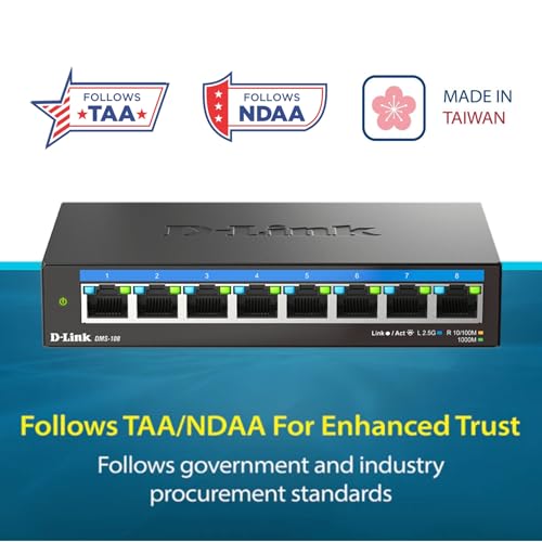 D-Link 8-Port 2.5GB Unmanaged Gaming Switch with 8 x 2.5G - Multi-Gig, Desktop or Wall Mount, Silent Operation, Plug & Play, Follows NDAA/TAA, (DMS-108), Ethernet Splitter, Multi-Gigabit Network - size: 8 Port Multi-Gig 2.5Gb