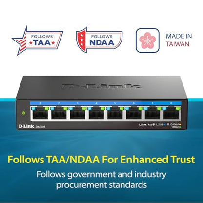D-Link 8-Port 2.5GB Unmanaged Gaming Switch with 8 x 2.5G - Multi-Gig, Desktop or Wall Mount, Silent Operation, Plug & Play, Follows NDAA/TAA, (DMS-108), Ethernet Splitter, Multi-Gigabit Network - size: 8 Port Multi-Gig 2.5Gb