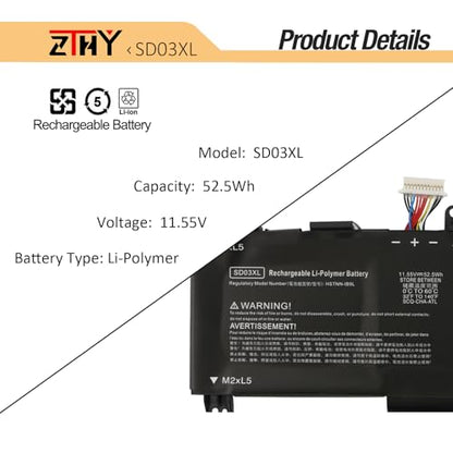 52.5Wh SD03XL Battery Replacement for HP Omen 15 2020 15-EK0000 15-EK0013DX | Omen 15-EN 15-EN0000 15-EK0023DX 15-EK0025TX 15-EK0010TX 15-EN0013AX 15-EN0002LA SD06XL L84392-005 L84394-005 11.55V 3-Cell - size: 10.23*3.15*0.27 inch SD03XL