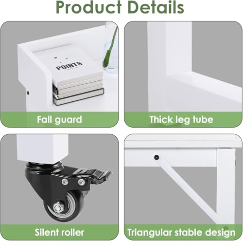 Clevich Overbed Table with Wheels, 16" D x 71" W x 41" H Mobile Bed Desk | Queen Full Size Mobile Computer Desk with eavy Duty Metal Leg, Standing Laptop Cart, for Bedroom, Living Room - color: White