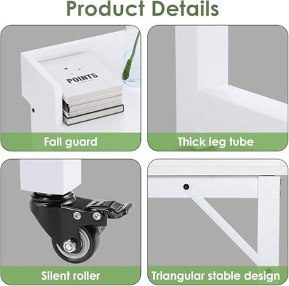 Clevich Overbed Table with Wheels, 16" D x 71" W x 41" H Mobile Bed Desk | Queen Full Size Mobile Computer Desk with eavy Duty Metal Leg, Standing Laptop Cart, for Bedroom, Living Room - color: White