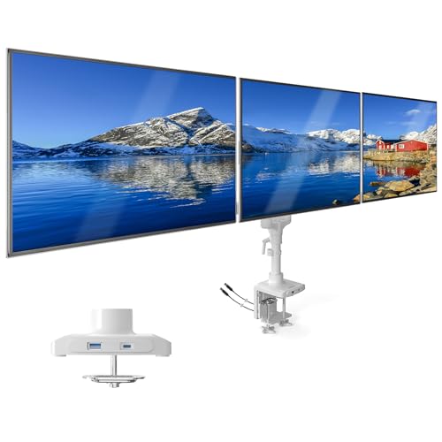 Mount-It! Triple Monitor Desk Mount, 13-27" Screens, White | Gas spring arms with VESA 75 & 100 compatibility, clamp or grommet base, built-in USB-A and USB-C ports. - color: White