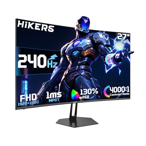 Hikers 27 Inch 240Hz Curved Gaming Monitor, FHD 1080P Computer Monitor | 4000:1 Contrast Ratio Fast VA with MPRT 1ms, 130% sRGB 1500R HDMI DP VESA 100×100, (G27H1F, One HDMI Cable Included) - size: 27 inch