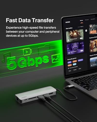 Belkin USB-C Hub 6 in 1 100W PD 4K HDMI, Ethernet & SD | Pass-through charging, 2 USB-A ports, gigabit ethernet, SD card slot, compatible with Neo MacBook, iPad Pro, and XPS - style: 6-in-1 Hub, 4K 60Hz