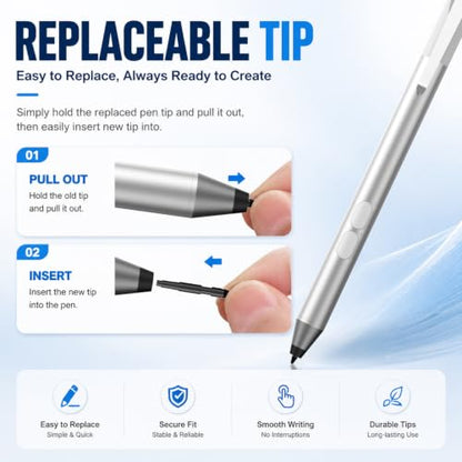 Active Pen for HP Omnibook Envy x360 Spectre Pavilion, Palm Rejection | 1024 Pressure Levels, 300-Day Battery, Dual Side Button, No Bluetooth, MPP 1.51 for Drawing & Note-taking - color: Platinum