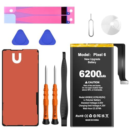6200mAh Battery for Google Pixel 6, Higher Capacity New 0 Cycle Battery Compatible with HTC Google Pixel 6 Model GB7N6, G9S9B16 with Repair Tool Kits and Adhesive/Waterproof Adhesive
