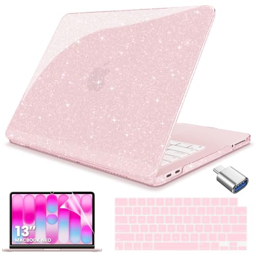 Teryeefi Glitter Case for MacBook Neo 13 inch 2026 Release (A18 Pro) Model A3404, Slim Protective Hard Shell Cover & Keyboard Cover & Type C Adapter - Blush - color: Glitter Blush