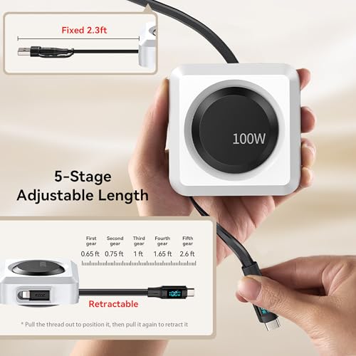 PZOZ 100W Retractable Charging Cable with LED Display, 6-in-1 USB C Fast Charger for iPhone 16/15, Samsung, iPad, MacBook, Tangle-Free Desk Organizer Cable