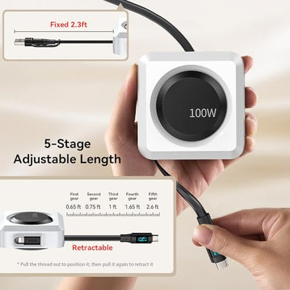 PZOZ 100W Retractable Charging Cable with LED Display, 6-in-1 USB C Fast Charger for iPhone 16/15, Samsung, iPad, MacBook, Tangle-Free Desk Organizer Cable