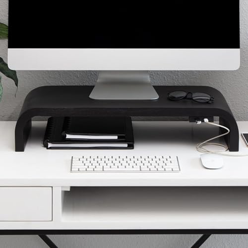 Anji Mountain Wood Monitor Stand Riser Desk Desktop Organizer Table for Home, Office Workspace, Laptop Riser, Ergonomic Design Stand for Gaming Setup, with Power Source, Black - color: Black, size: Basic Stand With USB Ports