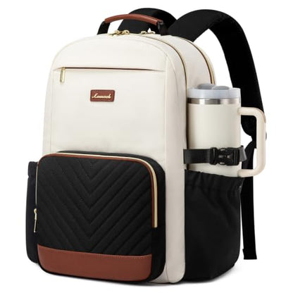 LOVEVOOK Laptop Backpack for Women with Pouch Pocket for Large Capacity Cup,15.6 Inch Laptop Computer Bag Travel Backpack Purse,Work Business Backpack College Teacher Bags,Beige-Black-Brown + V-shaped - color: Beige - Black - Chestnut Brown + V-shaped, si