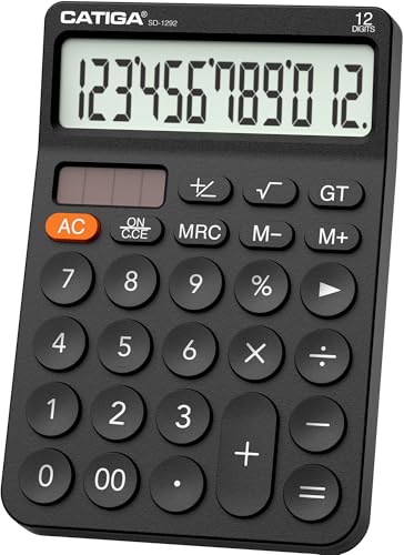 CATIGA 12 Digit Desktop Calculator with Large LCD Display, 4 Funtions Calculator, Round Design Big Button, Solar and Battery Dual Power, Standard Function for Office, Home, School, SD-1292 - color: 2.1) Black
