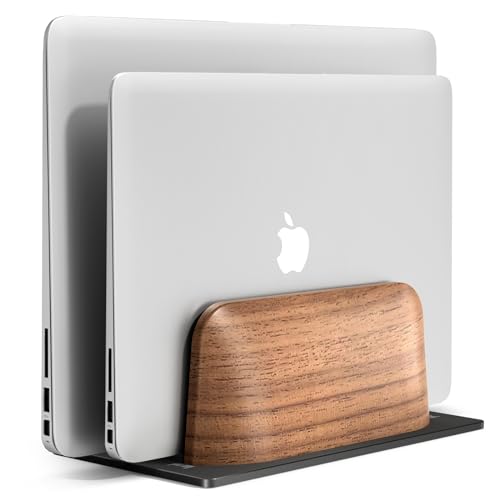 UPERGO Vertical Laptop Stand, Dual Slot Wood Holder for Desk | Solid Walnut & Aluminum, Width Adjustable 0.47"-1.1", Anti-Scratch Silicone Pads, Handcrafted
