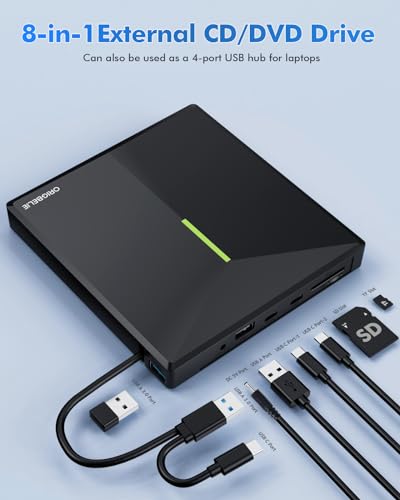 ORIGBELIE External CD DVD Drive with 4 USB Ports and 2 TF/SD Card Slots, USB 3.0 Portable CD/DVD Disk Drive Player Burner Reader Writer for Laptop Mac PC Windows 11/10/8/7 Linux OS with Carrying Case - size: 5.9" x 5.65" x 0.75"
