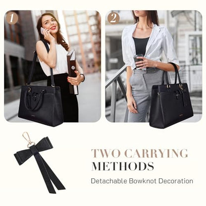 Missnine Laptop Tote Bag for Women 15.6 Inch Leather Work Bags Teacher Computer Purse Briefcase Handbag for Office, Travel - color: Bow Black