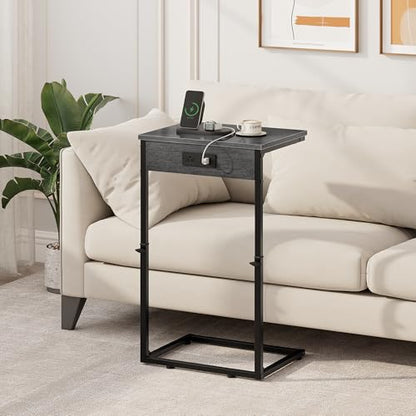 C Shaped End Table with Charging Station, Adjustable Height Side Table for Couch, Small Side Table, 33.2'' Tall Couch Tables that Slide Under, Tv Tray End Table for Living Room, Gray Walnut - color: Gray Walnut (1 Pack), style: With Plug