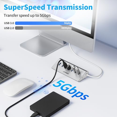 USB Hub 3.0, JESWO Aluminum 7 Port USB 3.0 Hub with 3.3Ft Cable, USB Splitter with 7-USB3.0 Data Ports Compatible with MacBook, Laptop,Surface Pro, PS5, PC and More (No Power Adapter Included)