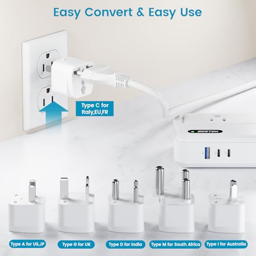 BESTEK 220V to 110V Converter with USB-C 35W, US to Europe Power Converter | with AU/EU/UK/India/South Africa Plug Adapter - color: Pearl White