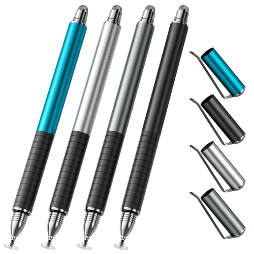 4-Pack Capacitive Stylus Pens for Touch Screens, 2-in-1 High Sensitivity Fine Point Disc & Fiber Tip Stylus with Portable Clip, Universal for iPad, iPhone, Android, Tablet & Drawing Stylist - color: Black/Silver/Blue/InkGreen(with hooks)