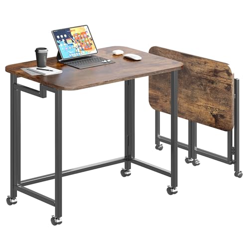 JSB Folding Desk for Small Spaces,Mobile Portable Rolling Laptop PC Table on Wheels,Foldable Computer Desk for Home Office,Bedroom,Dorm,Space Saving (Rustic & Brown, 31.5") - color: Rustic & Brown, size: 31.5"
