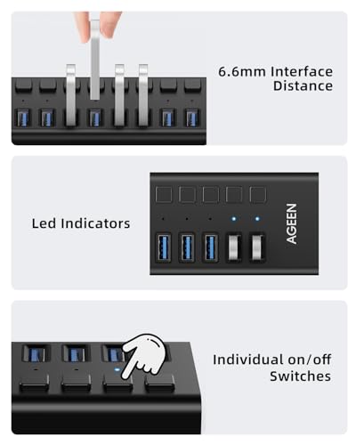 AGEEN 16-Port Powered USB 3.2 Hub, 10Gbps Data Transfer, 96W Power Adapter | Plug & Play, Individual On/Off Switch, Aluminum Housing, Surge Protection, USB Hub for Laptop/PC, Computer, HDD, Flash Drive