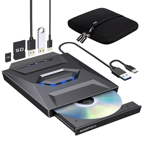 ROOFULL External CD DVD Drive with USB 3.0/Type-C Hub, SD Reader & Case | 7 in 1 Portable CD/DVD ROM +/-RW Drive Burner Player Writer for Laptop Desktop PC Windows 11/10/7, Mac, Linux - style: 7 in 1 Drive + Carrying Case