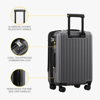 LEVEL8 Grace Carry on Luggage 22x14x9 Airline Approved, 20 Inch Hard Shell Suitcases with Spinner Wheels, Abs+Pc Hard Case Luggages with Tsa Lock, Travel bag for Women Men, Grey - color: Grey, size: 20 Inch