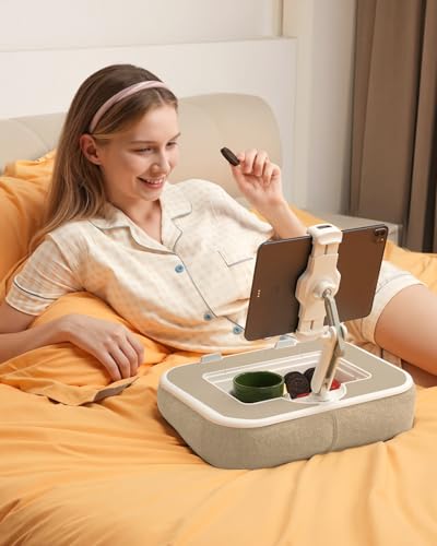 SupeDesk Laptop Lap Desk, Adjustable iPad Holder for Bed, 360° Swivel Tablet Arm, Laptop Desk with Mouse Pad, Snack Bowl & Cup Holder, Fits 4.7–13” Tablets & 15” Laptop (Beige) - color: Beige