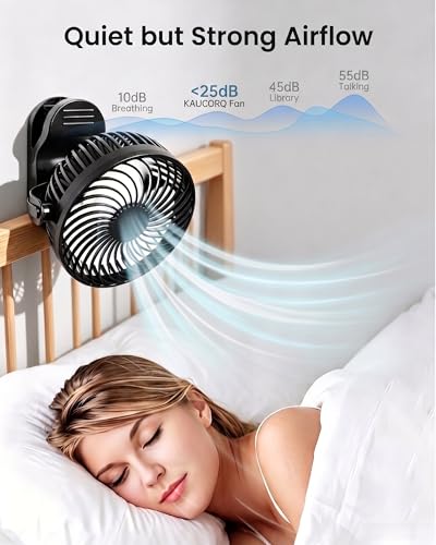 Clip On Fan, Rechargeable Battery Operated Fan with 360° Auto Oscillation, Portable USB Table Fan with Remote, LED Light & Hook, 6-22H Quiet Desk Fan for Stroller, Camping, Office, White